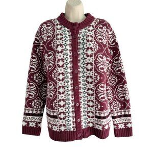 VTG National Women's Sz S Christmas Sweater Burgundy Fair Isle Cardigan